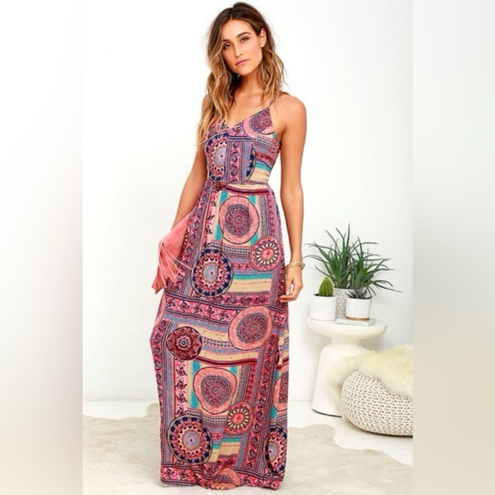 Lulu’s Boho Maxi Dress | Size L | Strappy Back | Vibrant Print - Picture 1 of 6